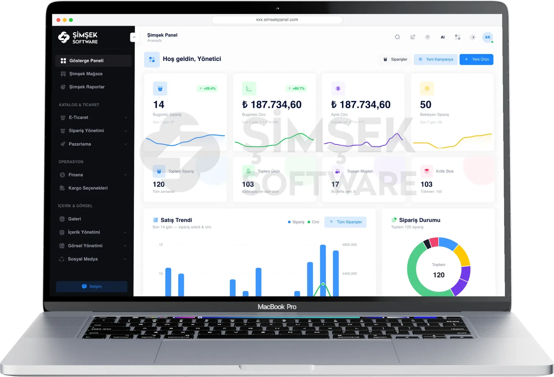 Şimşek Software masaüstü deneyimi — MacBook Pro üzerinde vitrin görünümü